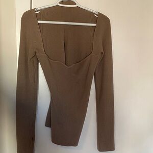 SHEIN Brown Ribbed Long Sleeve Scoop Neck Top
